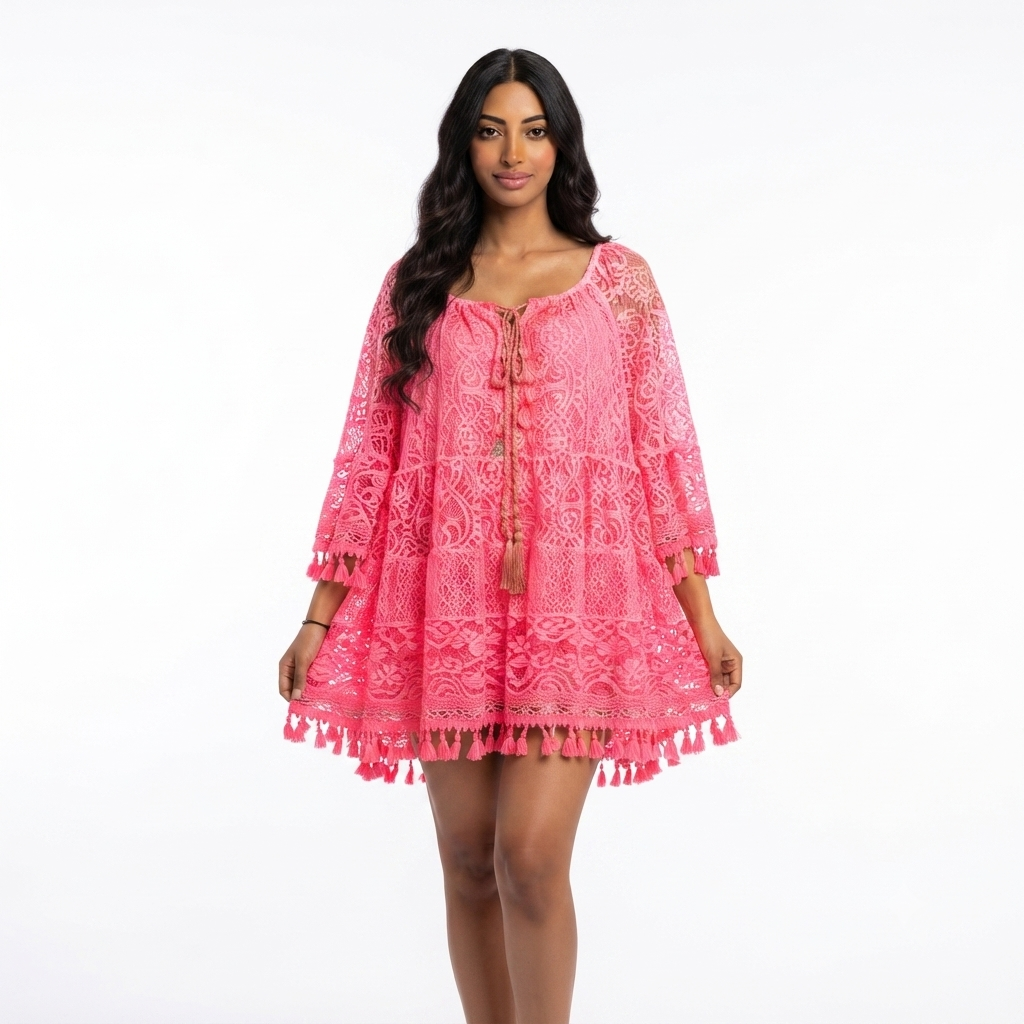 Katoenen boho midi dress pink met blauwe details