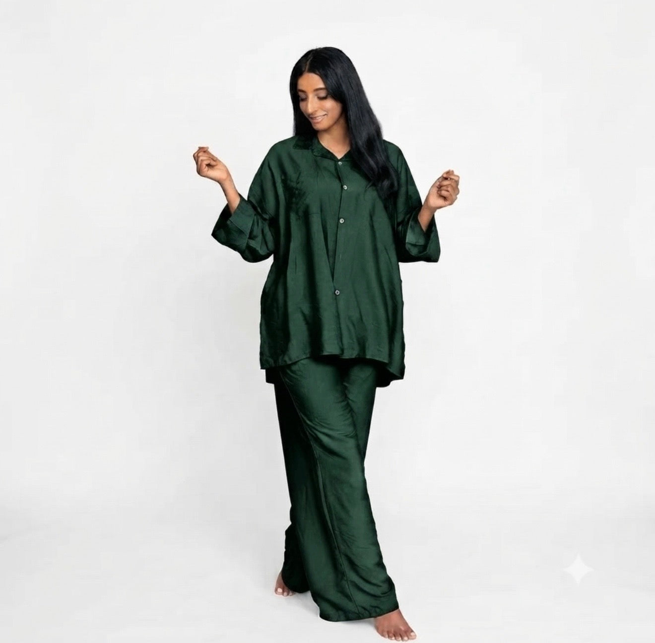Viscose modest oversized blouse met rekbare broek set - donker groen AT7821