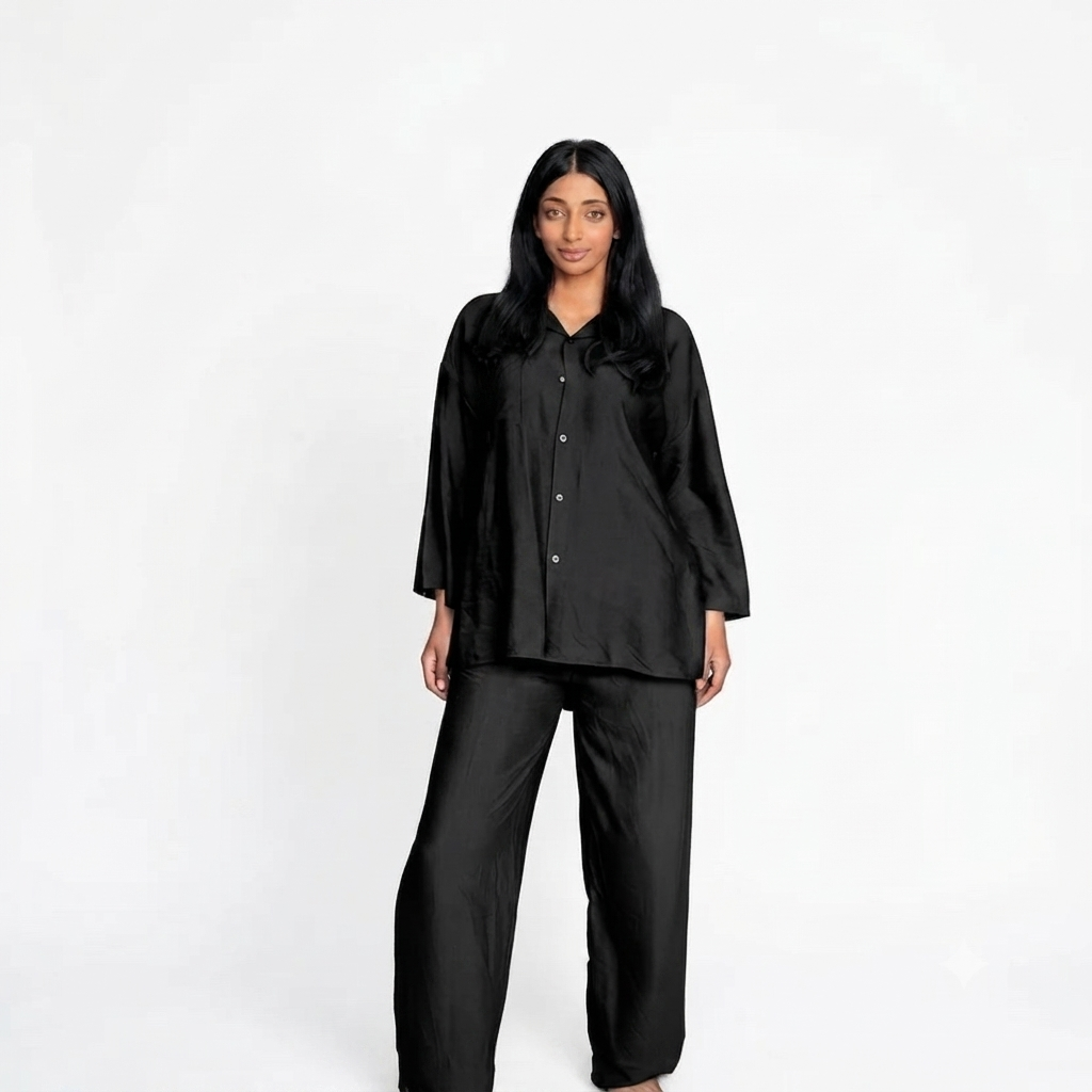 Viscose modest oversized blouse met rekbare broek set - zwart AT7821