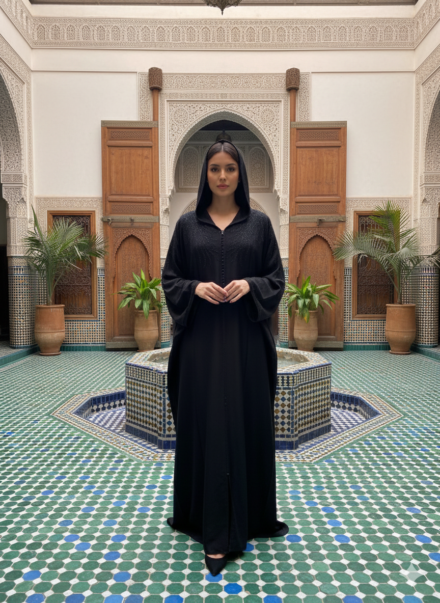 Dubai abaya zwart met zwarte steentjes - 9030