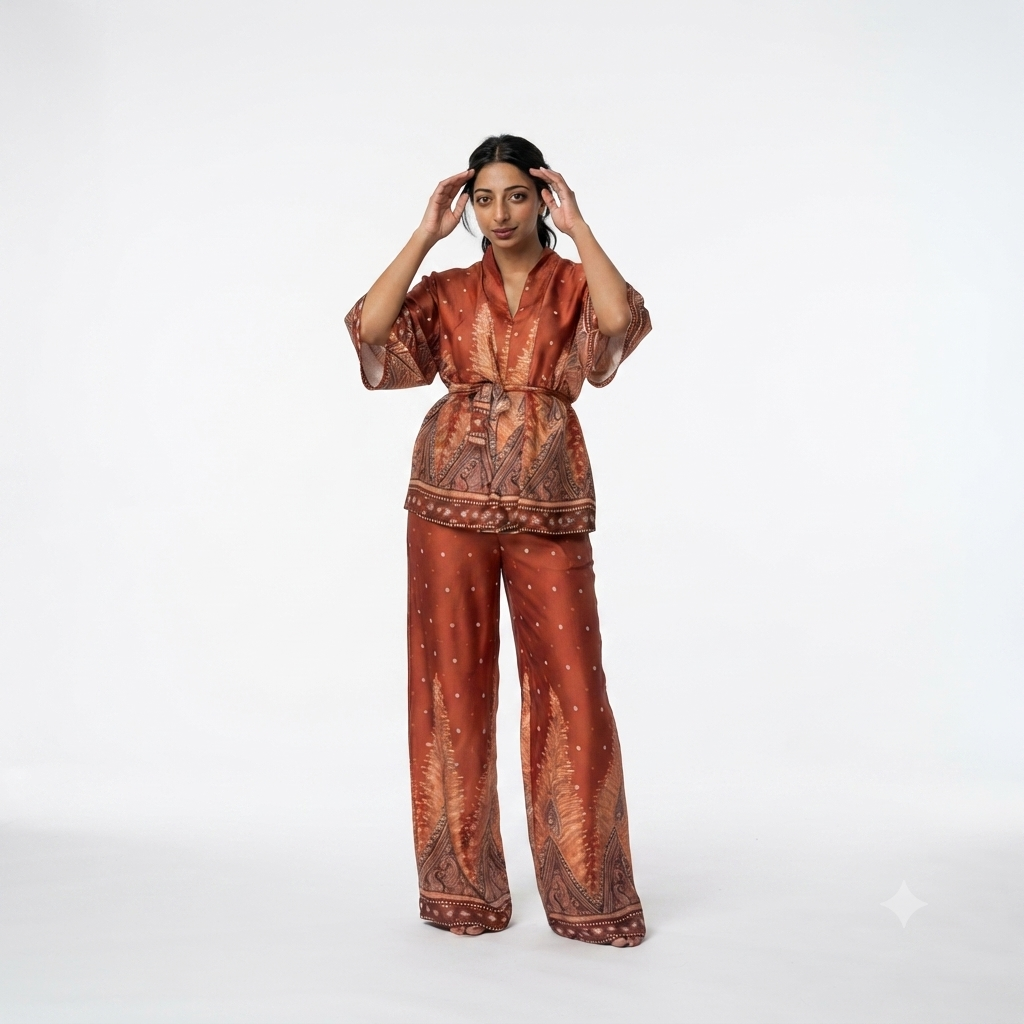 Satijnen broek met oversized kimono print - Orange limited collection