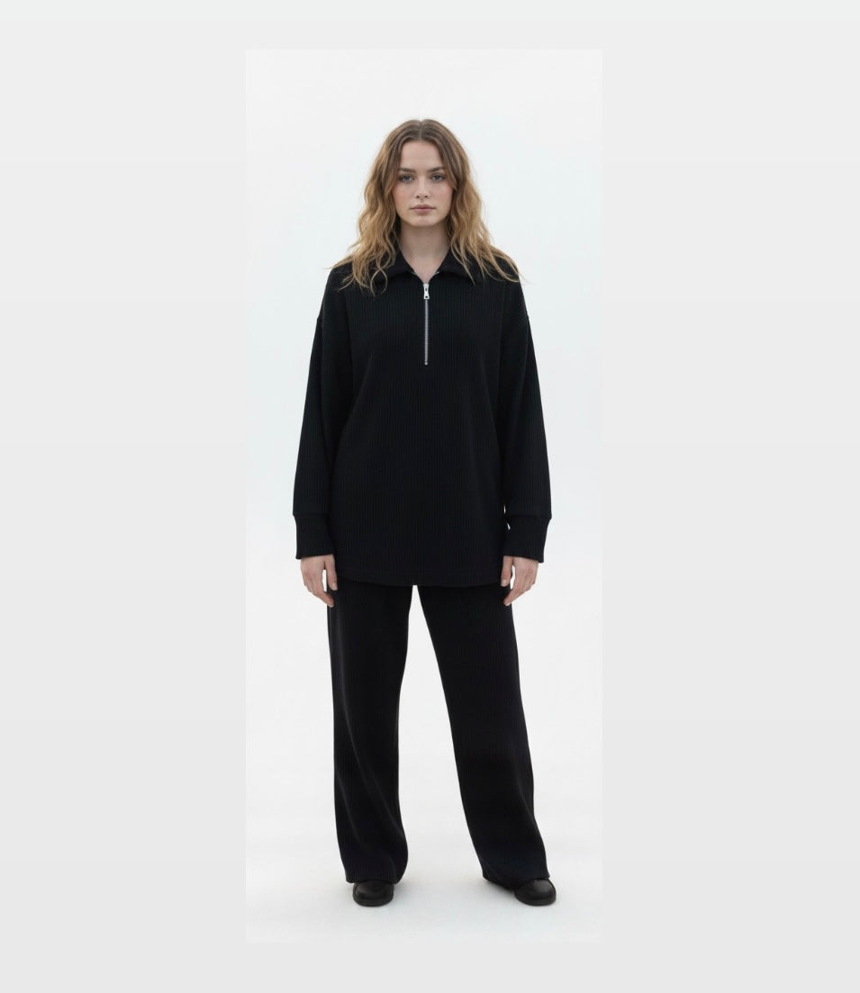 Comfy zipper set modest sweater with oversized pants - 6010