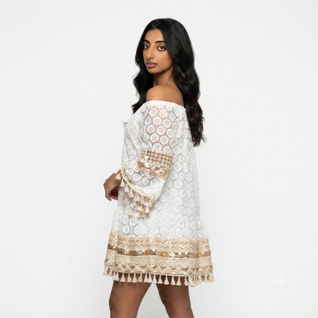 Katoenen boho mini dress wit met goud