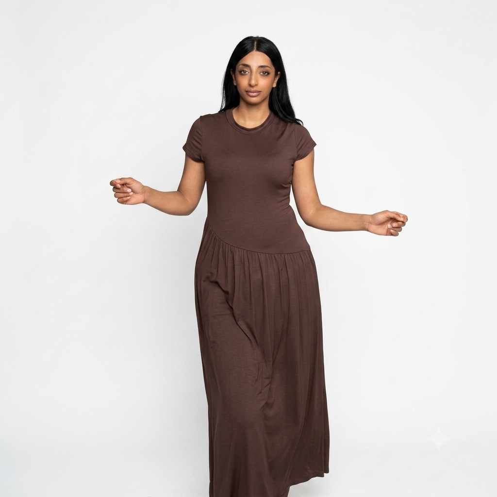 Viscose maxi jurk korte mouwen - donker bruin