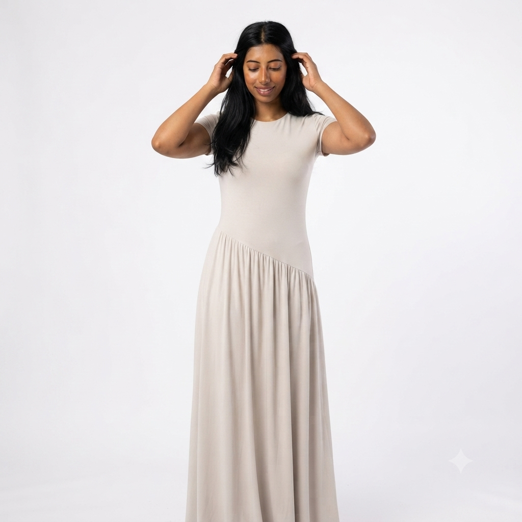 Viscose maxi jurk korte mouwen - beige
