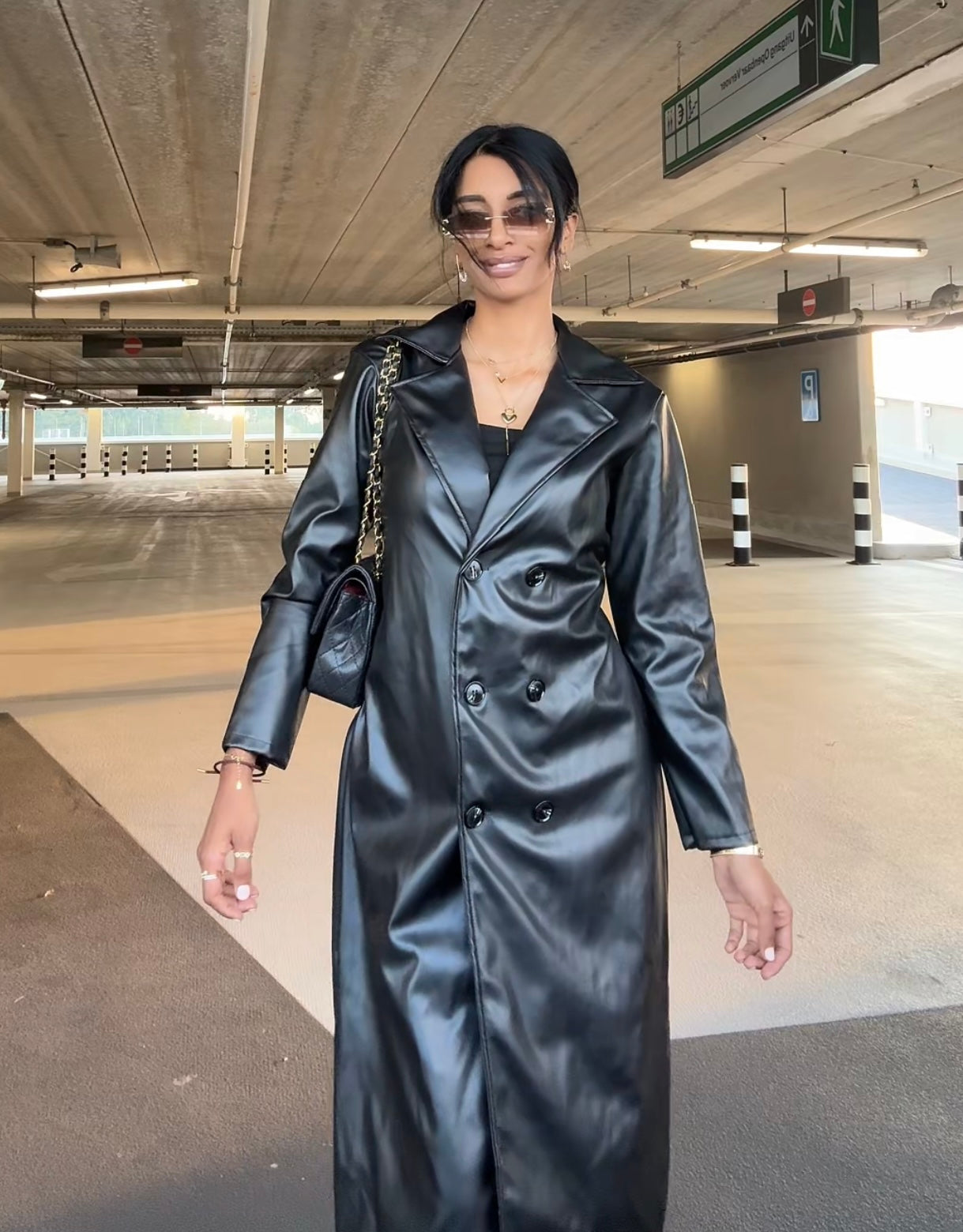 Inaya leren look manteljas zwart