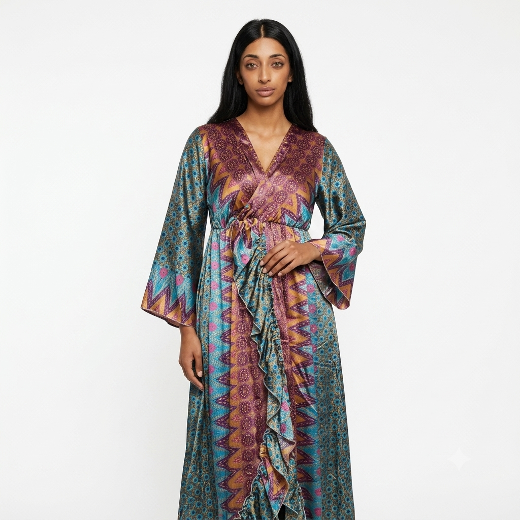Silk kimono ruffles dress - purple