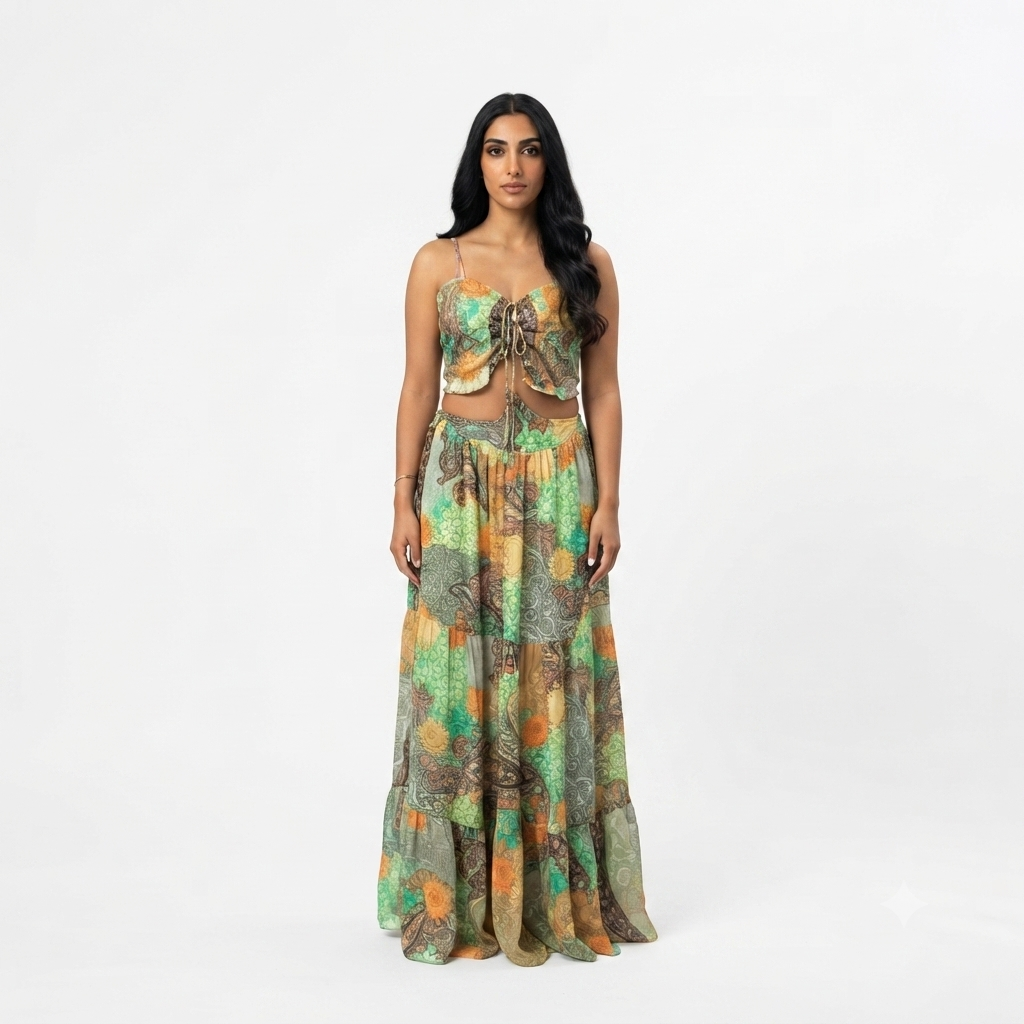 Gouden gelen open rug jurk met print