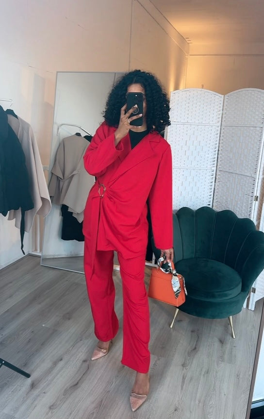 Blazer met rekbare pantalon zilver speltje rood