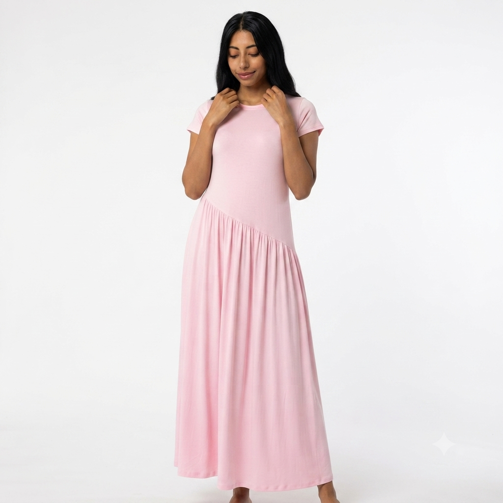 Viscose maxi jurk korte mouwen - roze