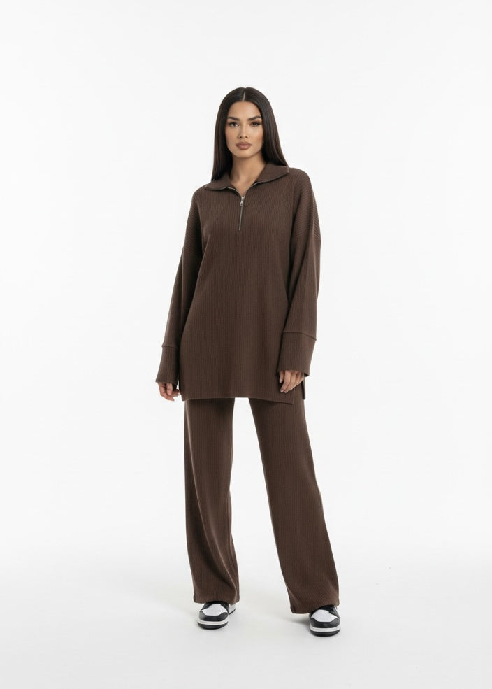 Comfy zipper set modest sweater with oversized pants - 6010