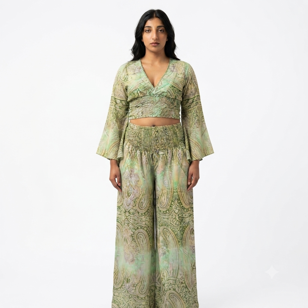 Print broek met rekbare blouse - groen