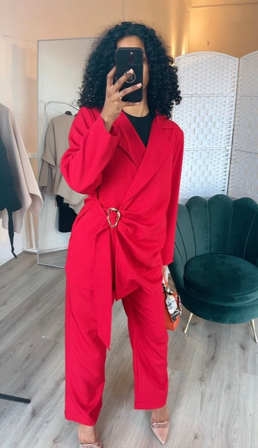 Blazer met rekbare pantalon zilver speltje rood