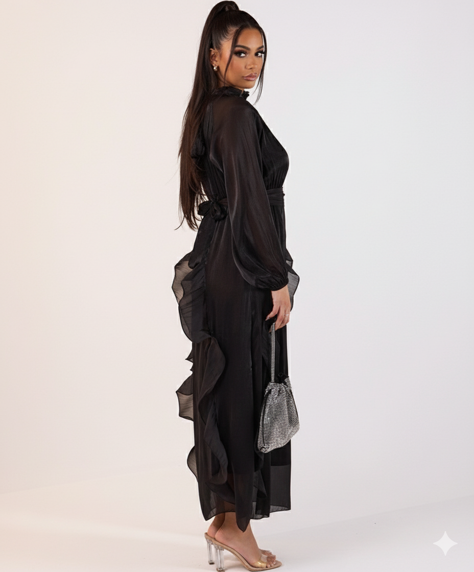 Satijnen abaya met franjes - zwart