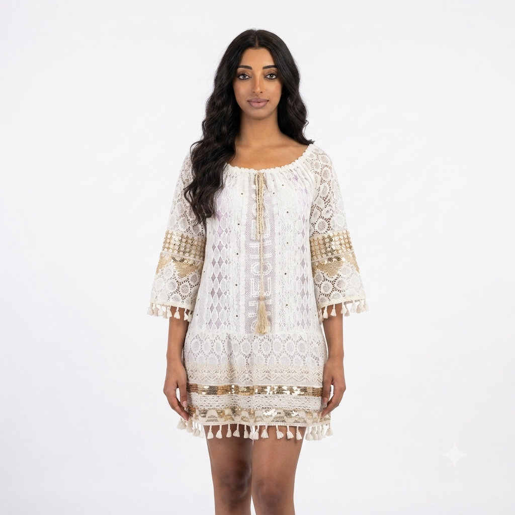 Katoenen boho mini dress wit met goud