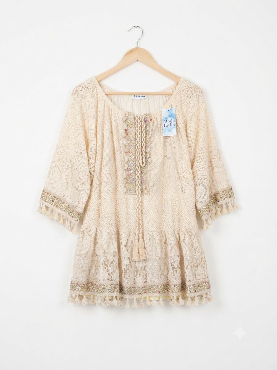 Beige - katoenen boho jurk