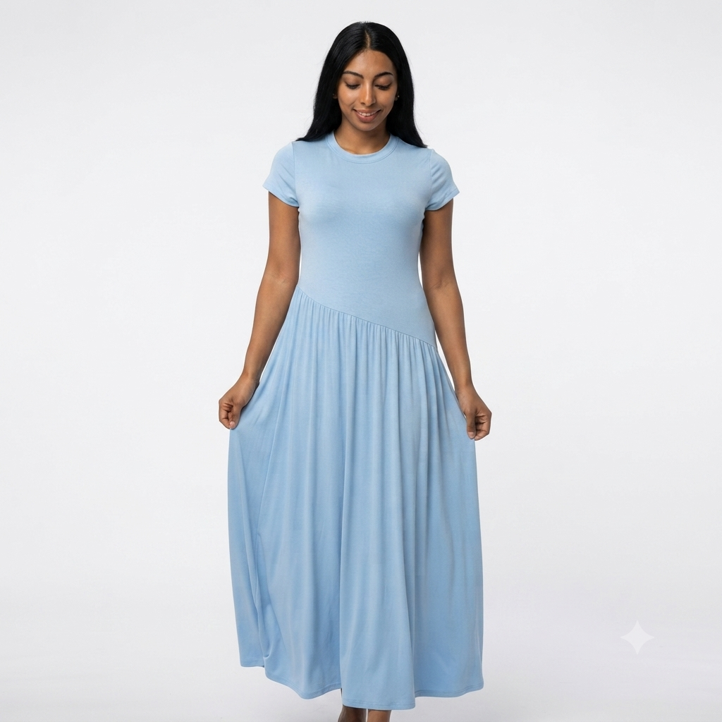 Viscose maxi jurk korte mouwen - licht blauw