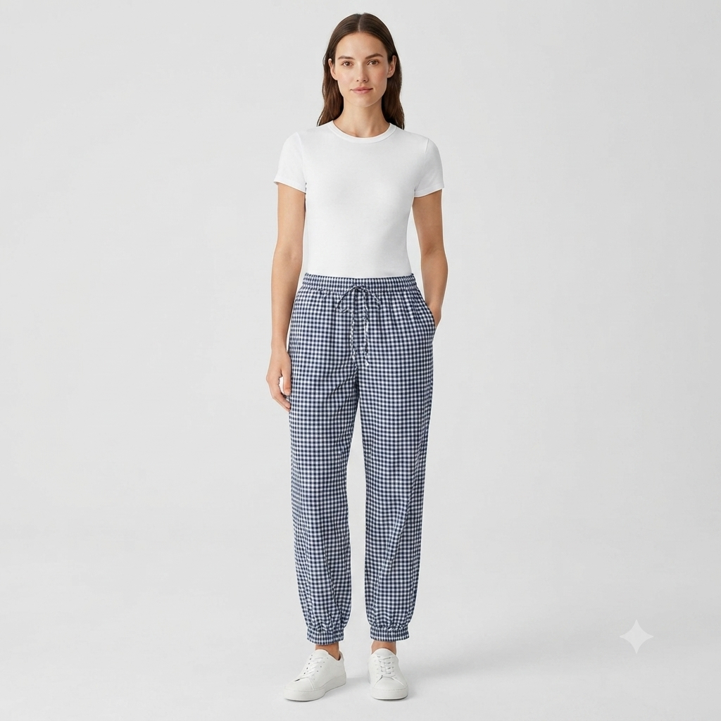 Geruiten rekbare broek van katoen navy met wit