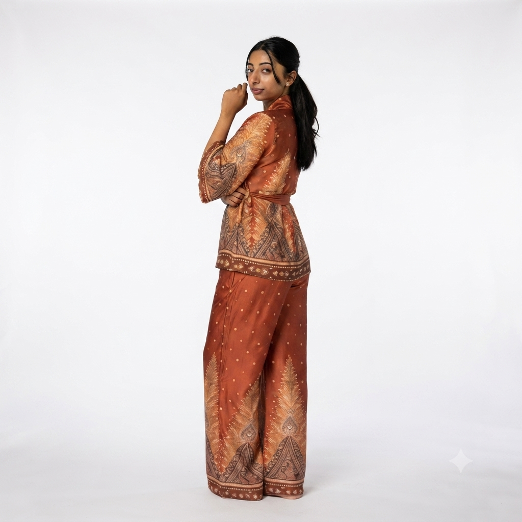 Satijnen broek met oversized kimono print - Orange limited collection