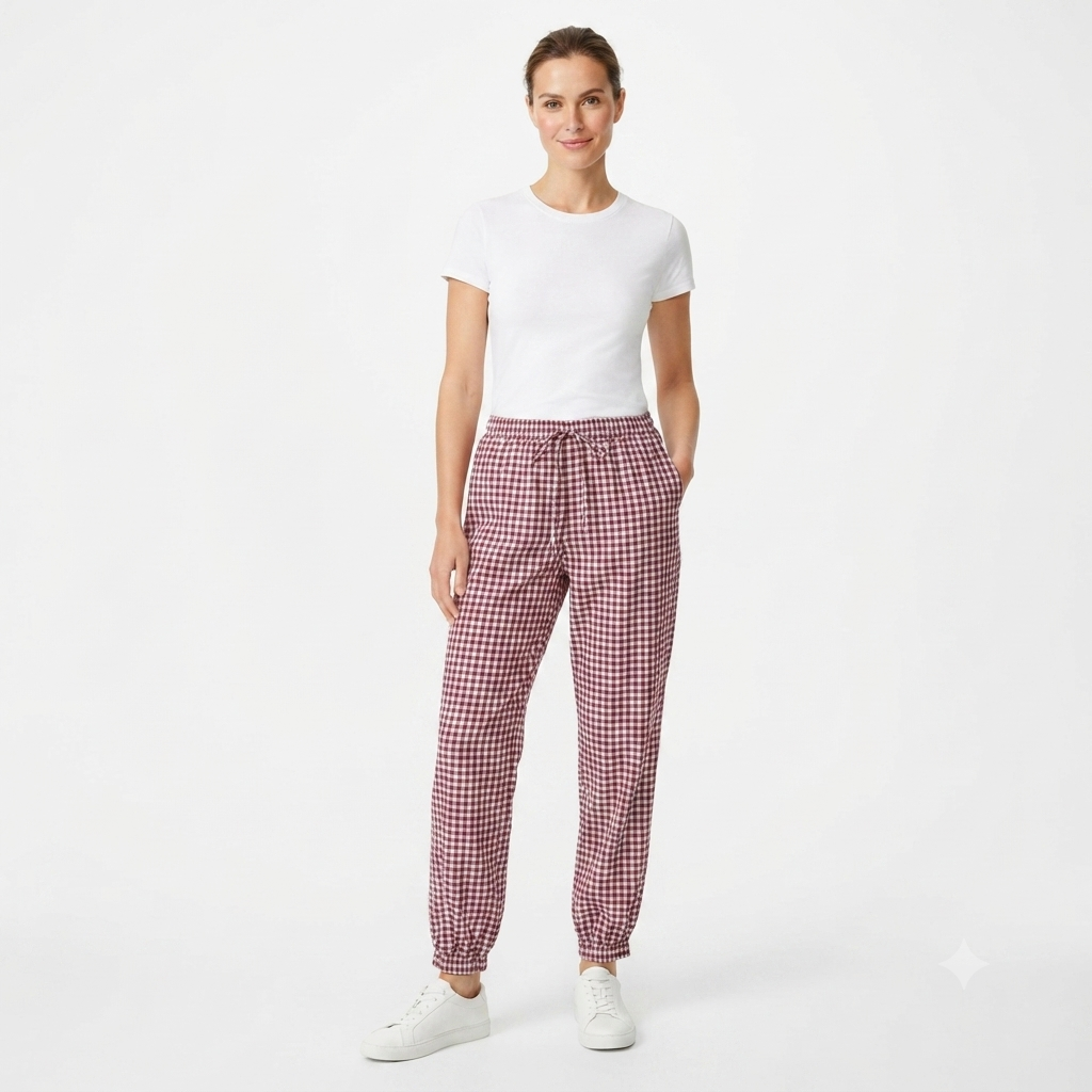 Geruiten rekbare broek van katoen burgundy