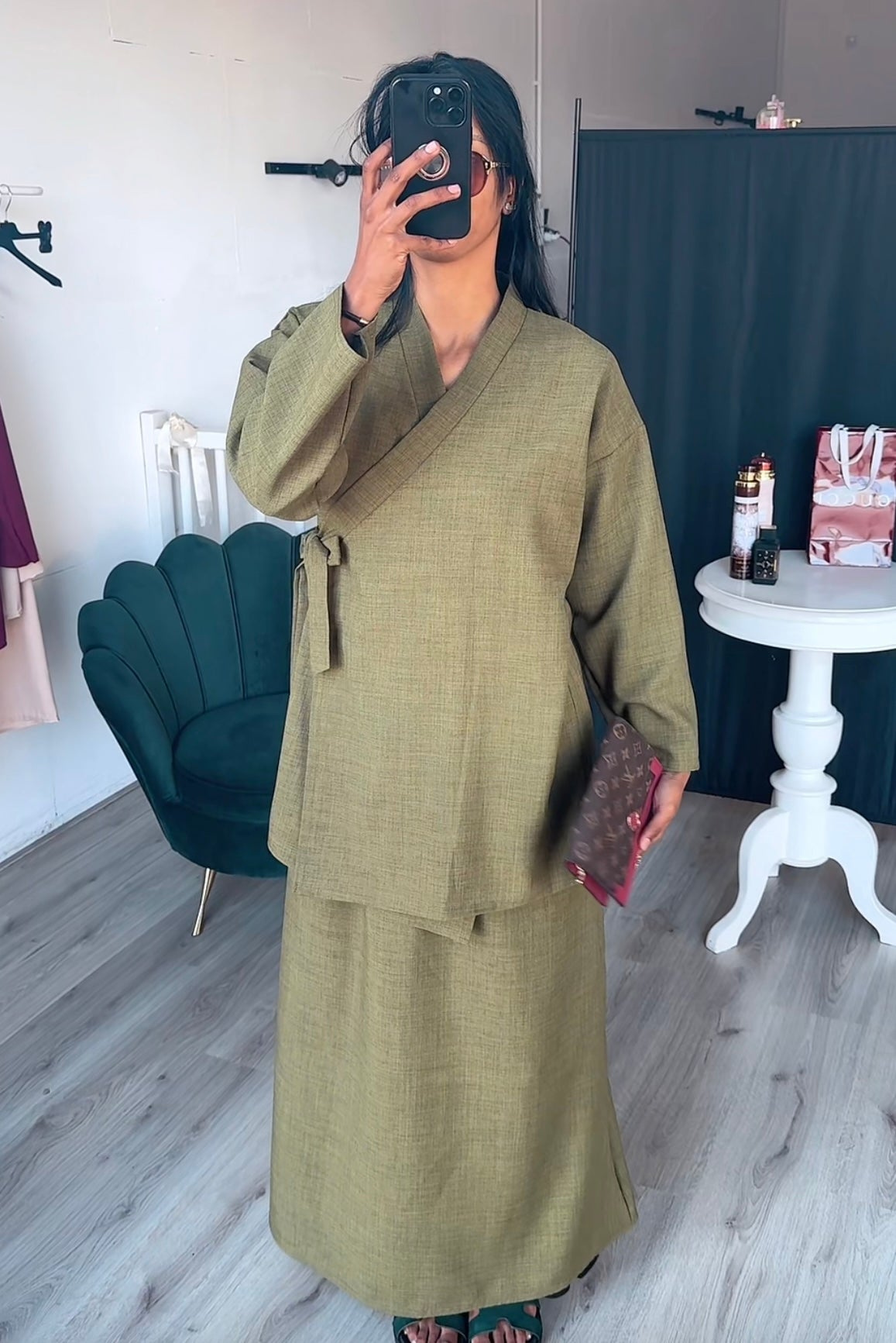 SS25 - Kimono overslag rekbare rok set groen