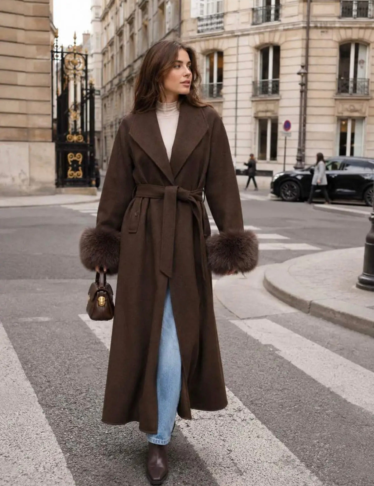 Long Cashmere Fur Trim Coat - 10068