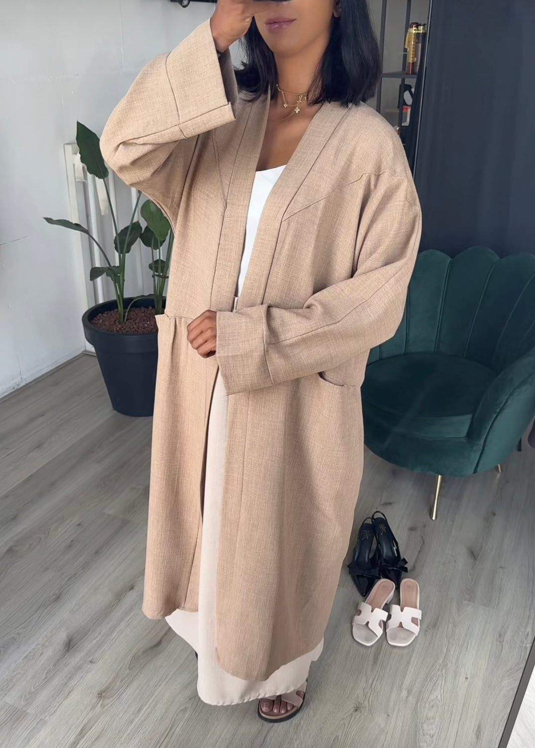 Katoenen kimono met zakken beige