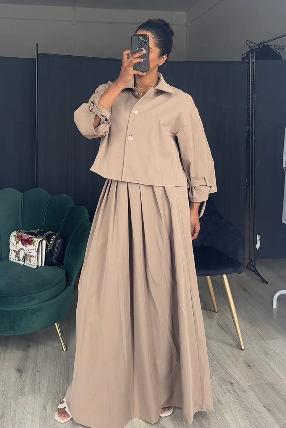 Cropped Set met Plooiskirt & Strikdetail Mouwen - ITALY406