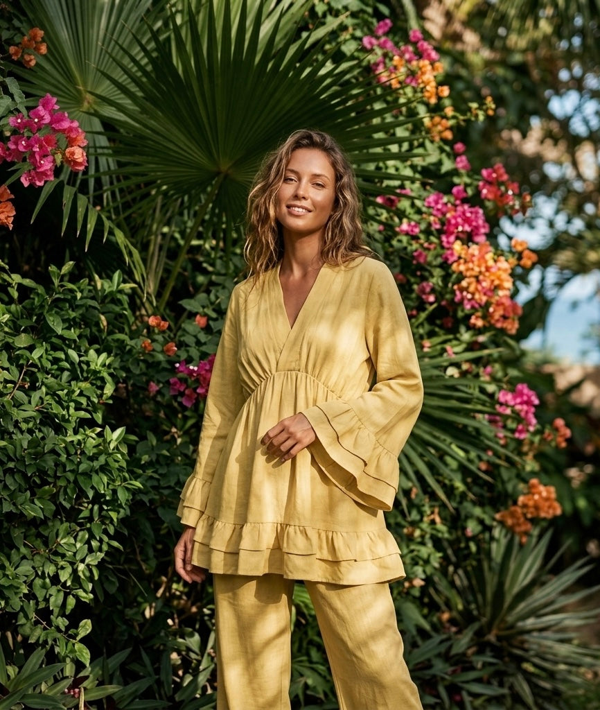 Dames Loungewear Set: Tuniek met Franjes en Matchende Pantalon - butter yellow (limited)