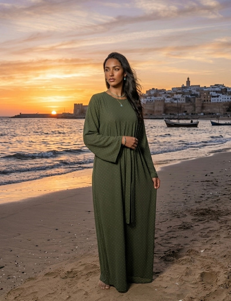 Glitter jurk met wijde mouwen en strik achterkant - groen