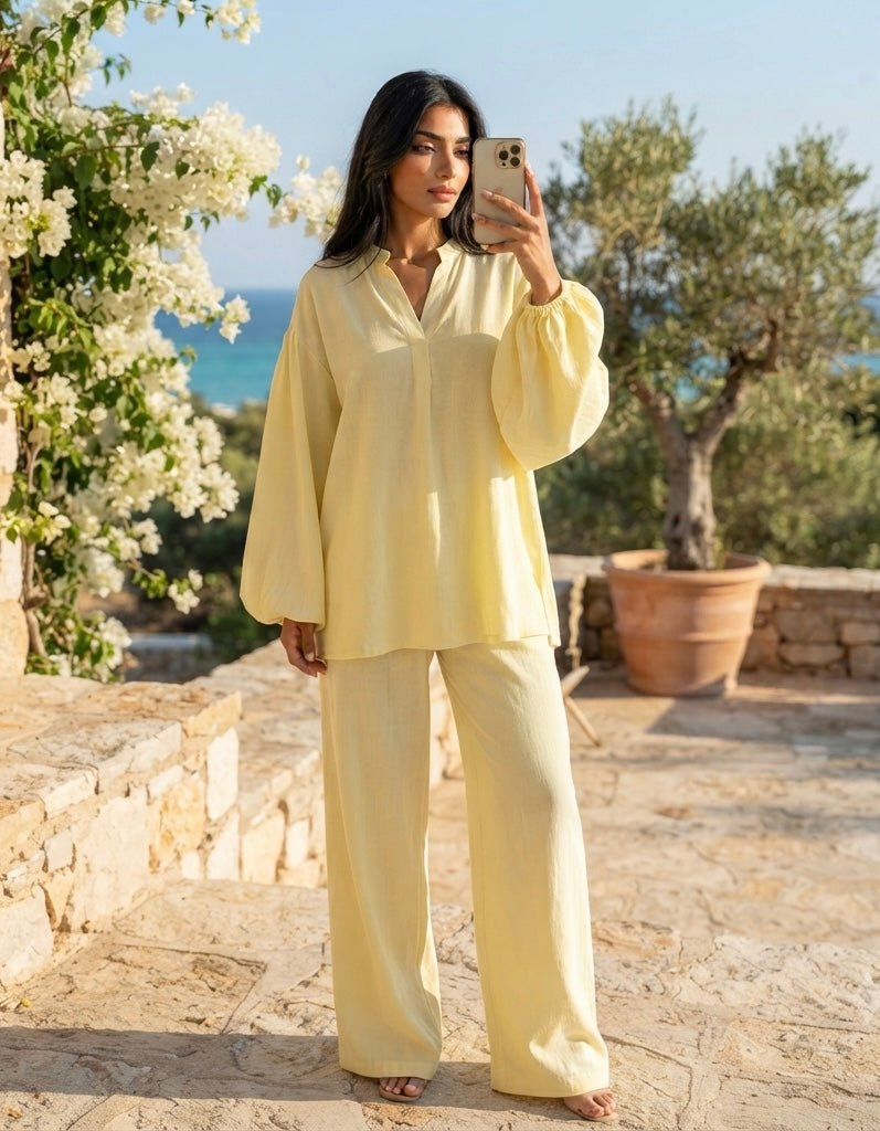 Poplin cotton oversized twinset - butter yellow