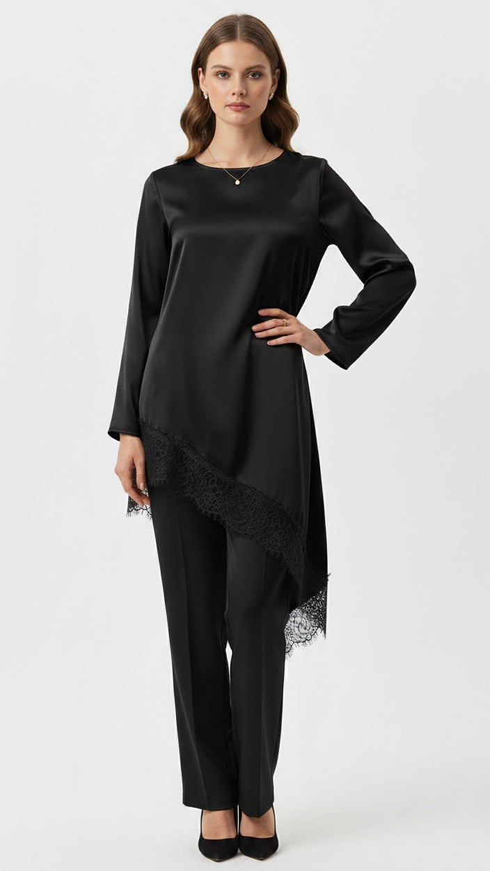 Couture Satijn met Kant Detail blouse - black