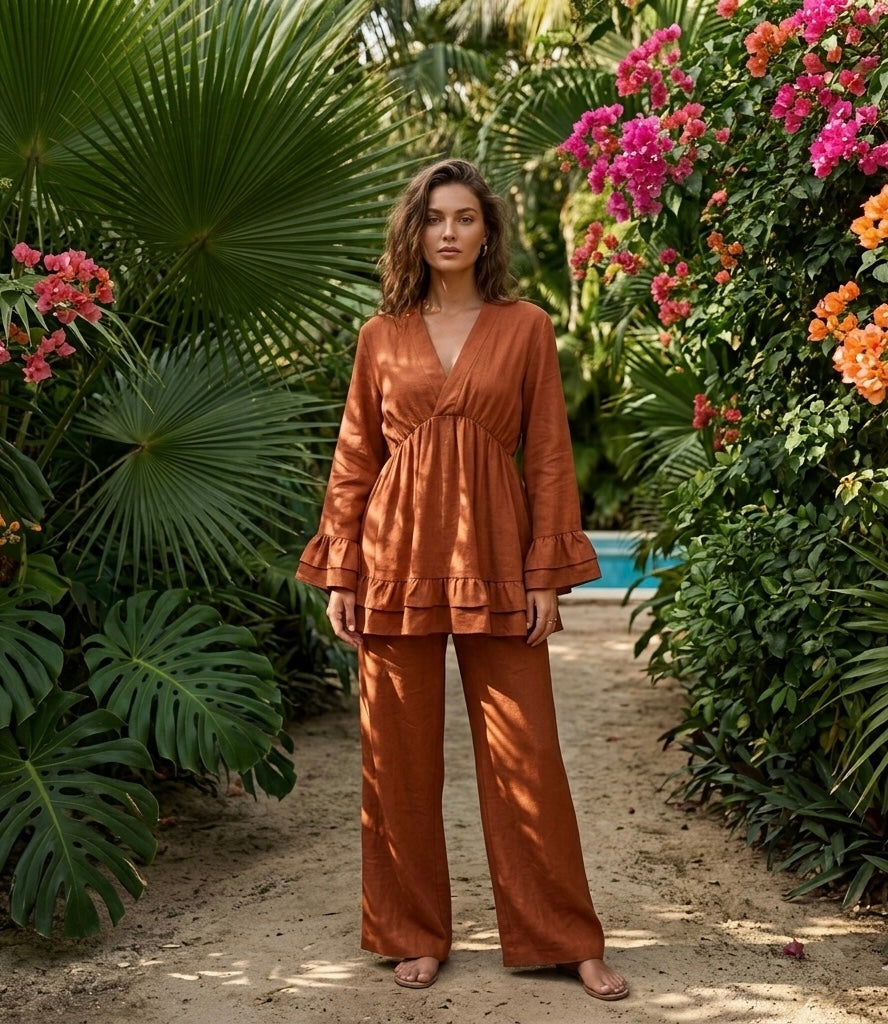 Dames Loungewear Set: Tuniek met Franjes en Matchende Pantalon - oranje