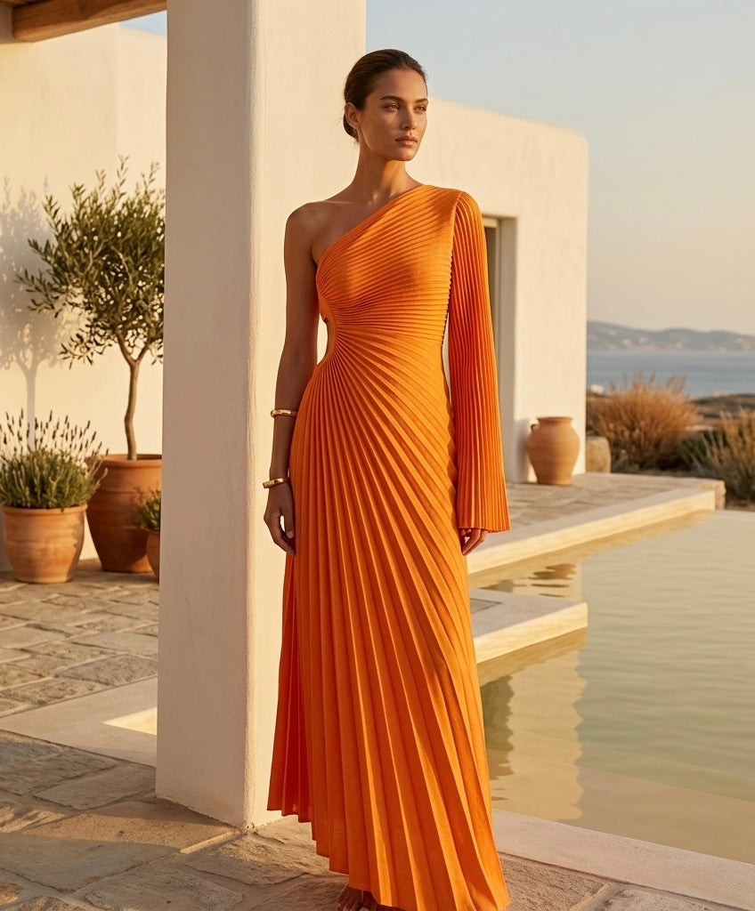 Statement Pleated One-Shoulder Maxi-Jurk – Sunset Orange