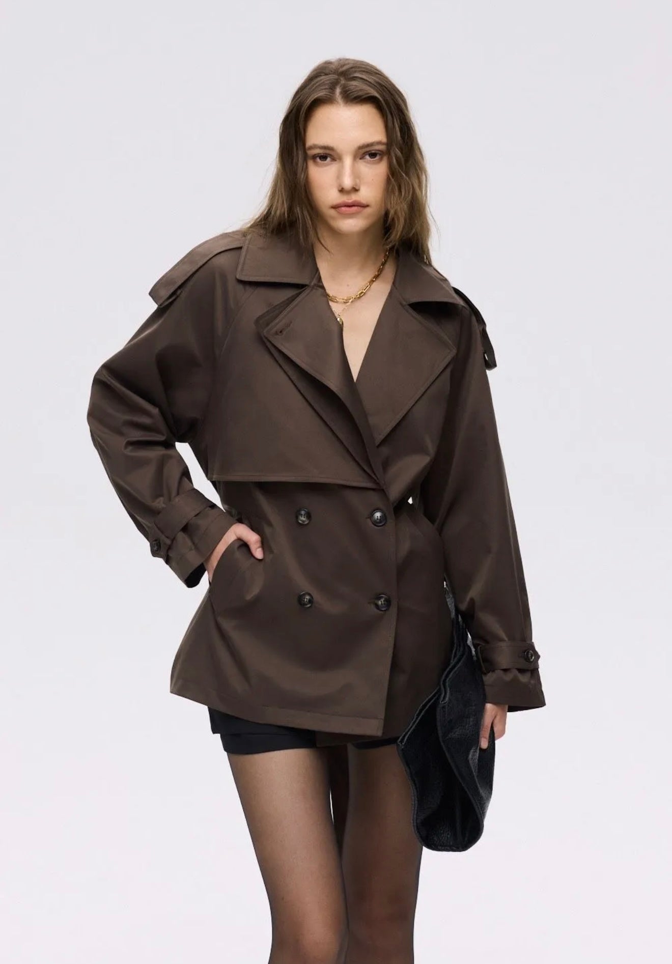 Double-Breasted Short Coat - marron bruin W25258