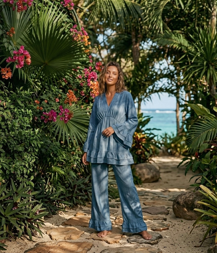 Dames Loungewear Set: Tuniek met Franjes en Matchende Pantalon - jeans blue