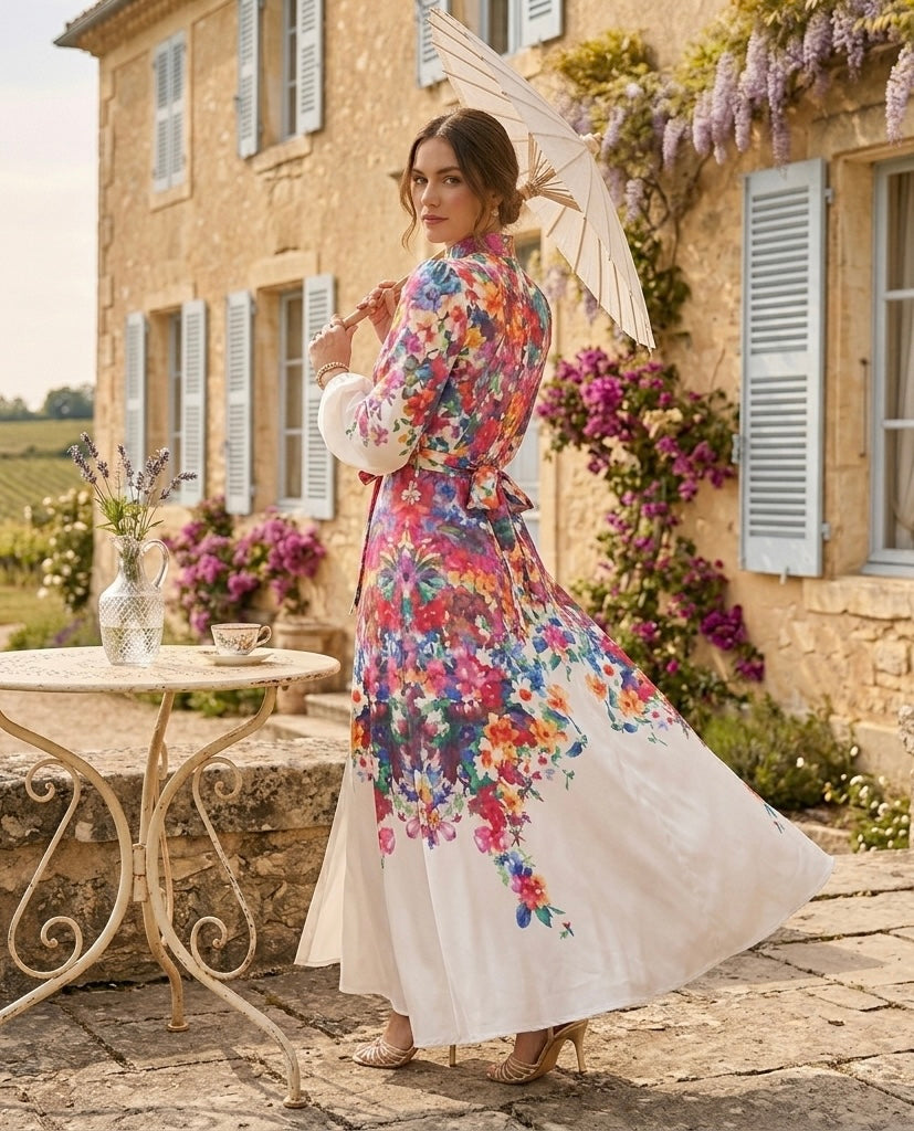Jardin de Couleurs Maxi-Robe zimmer – Kleurrijke Bloemrijke Doorknoopjurk met Ceintuur