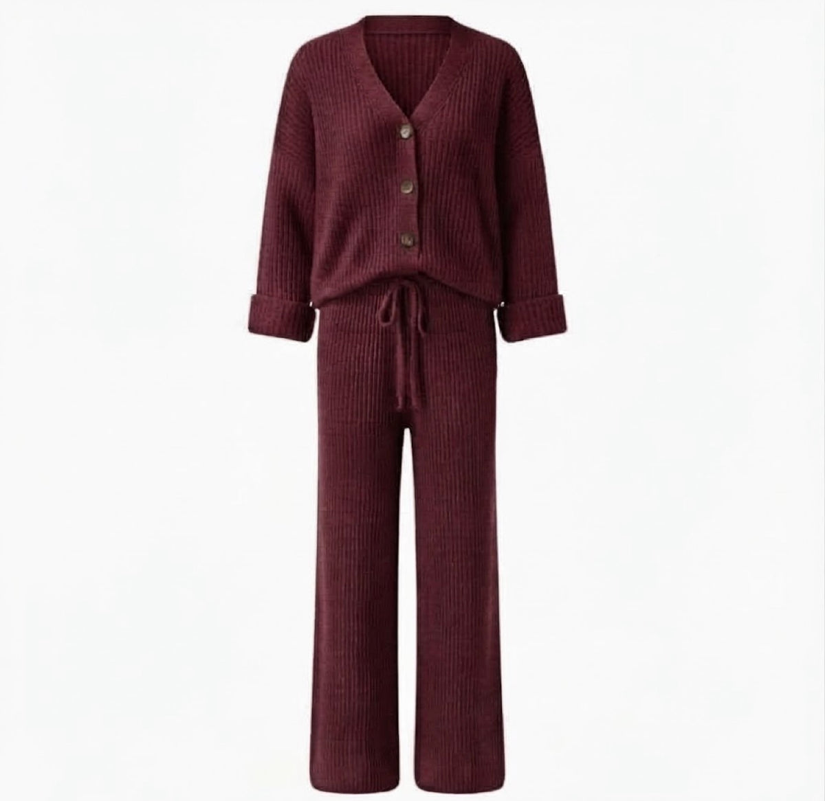 Luxe Gebreide Broek Set |Comfortabele Tweedelige Dames Outfit met V-hals