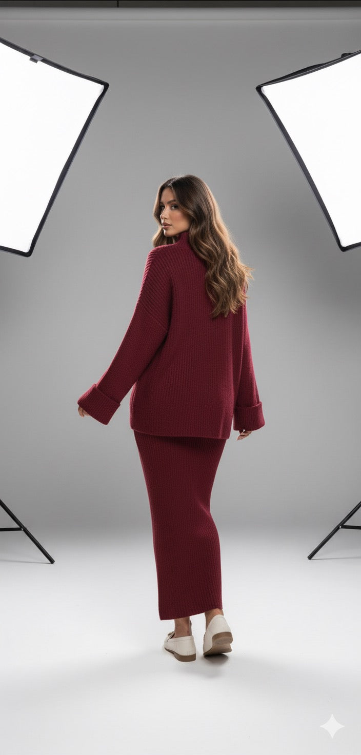 Gebreiden rekbare rok met oversized trui burgundy