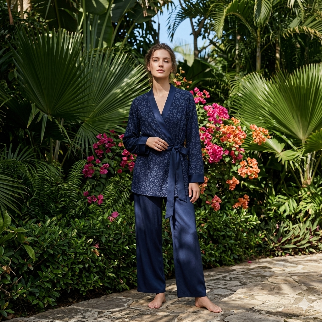 Bloemen kimono met satijnen broek - navy