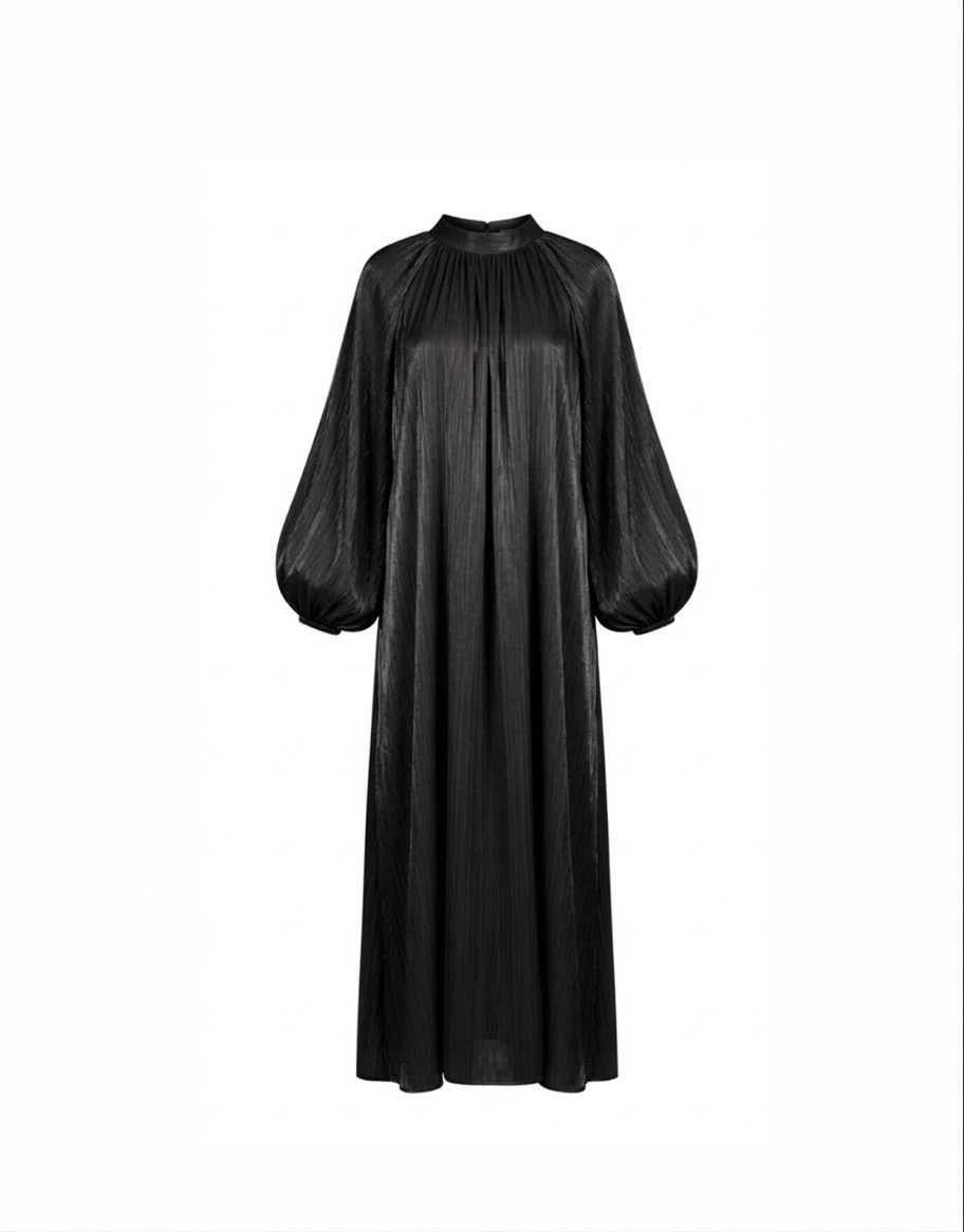 Satijnen Hooggesloten Maxi-Jurk - zwart 92566