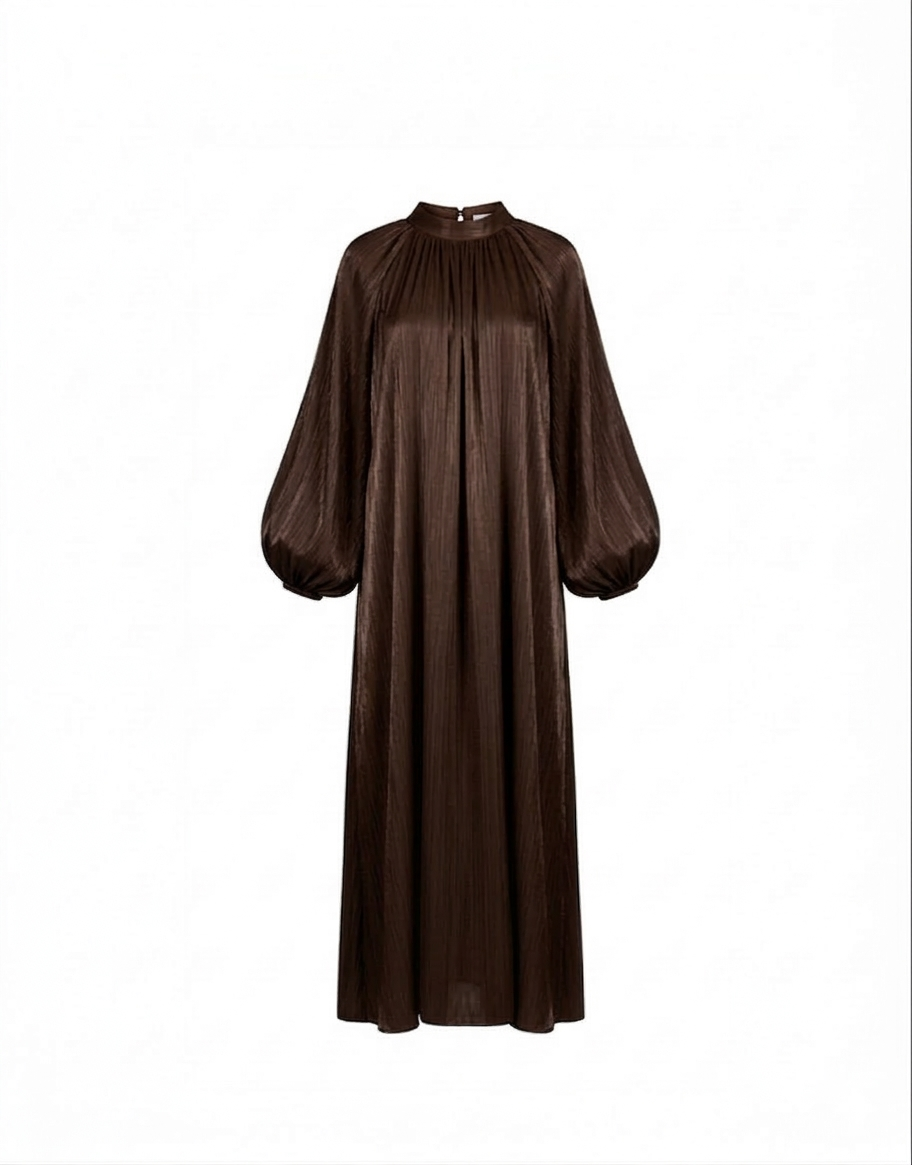 Satijnen jurk Hooggesloten Maxi-Jurk - bruin 92566