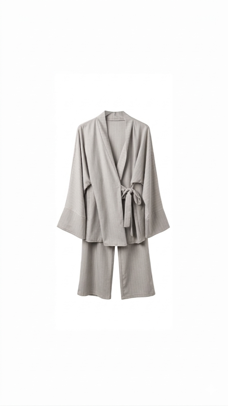 La Bohème Lente kimono pants set strepen - licht grijs