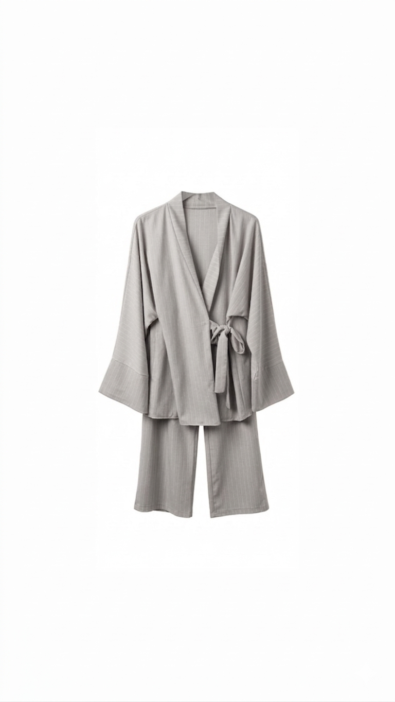 La Bohème Lente kimono pants set strepen - licht grijs