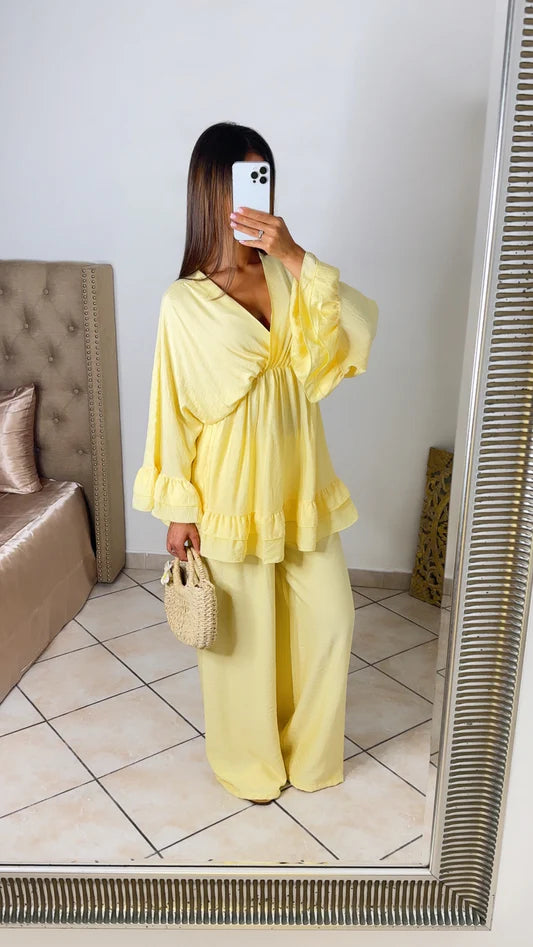 V Neck Oversized Set Ruffle Details - yellow