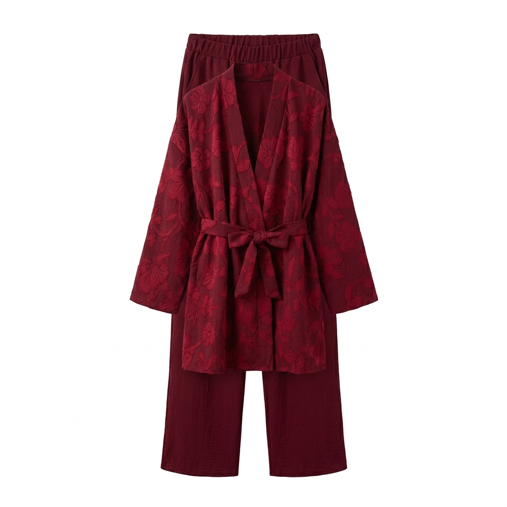 Bladeren kimono met rekbare broek - burgundy