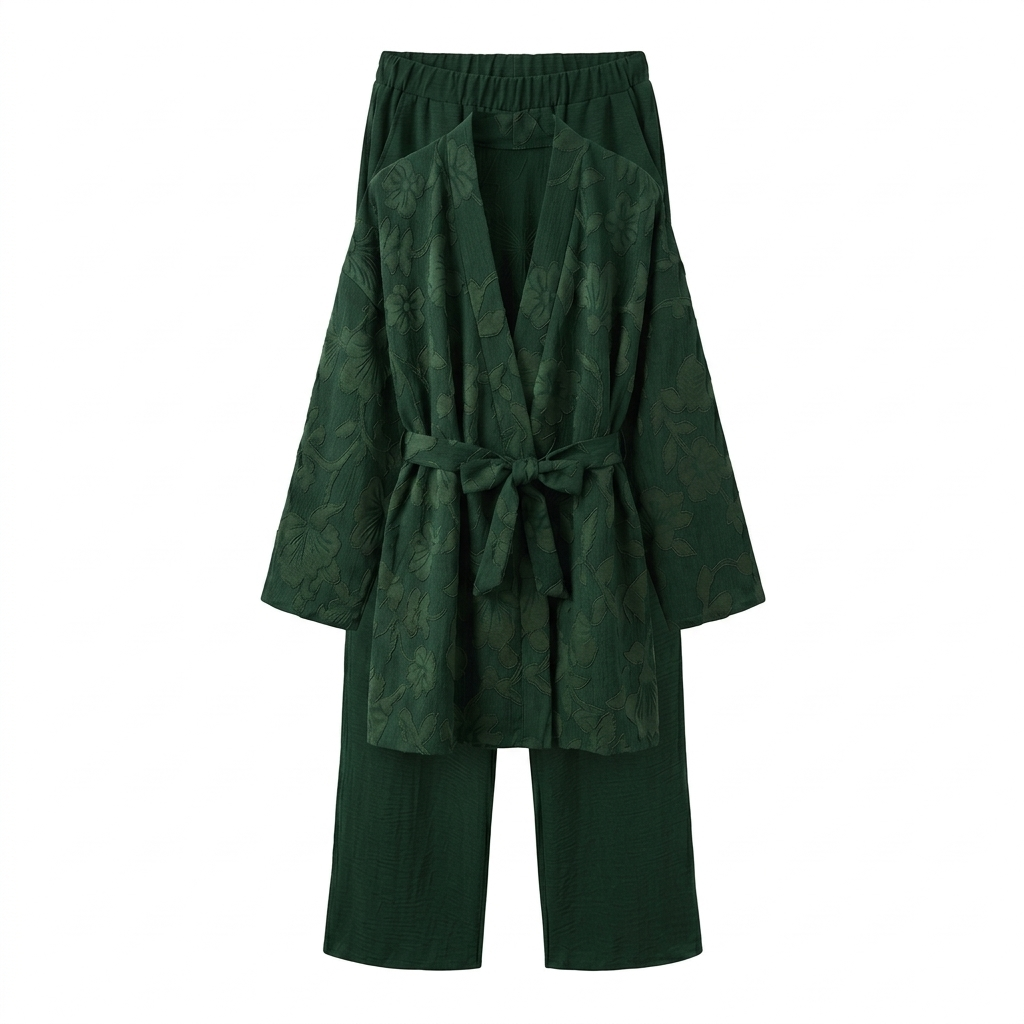 Bladeren kimono met rekbare broek - groen