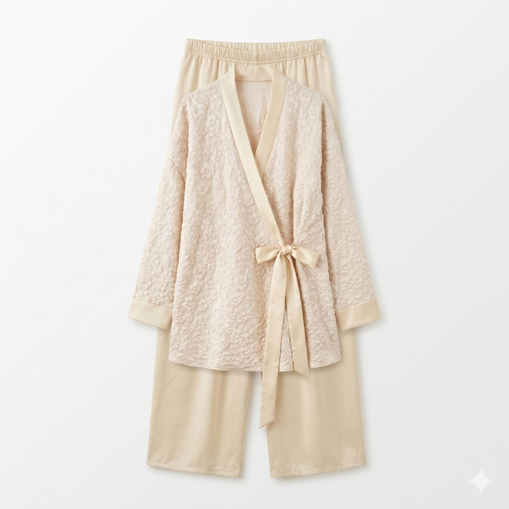 Bloemen kimono met satijnen broek - creme
