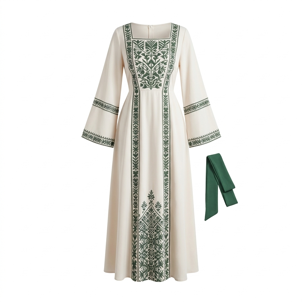 Élégance de Forêt Maxi-Robe – Romantische Crème Jurk met Donkergroen Botanisch Borduursel