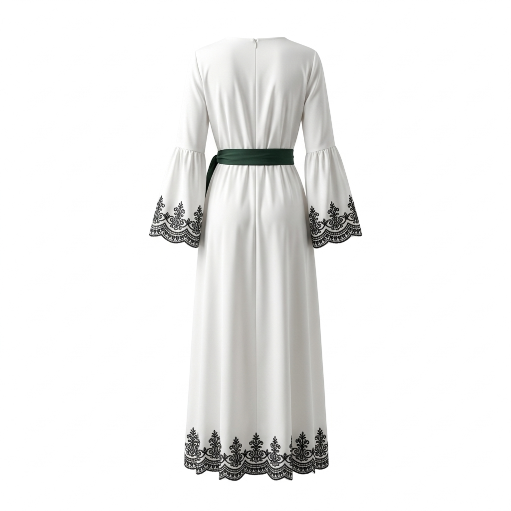 Élégance de Forêt Maxi-Robe – Romantische Crème Jurk met Donkergroen Botanisch Borduursel